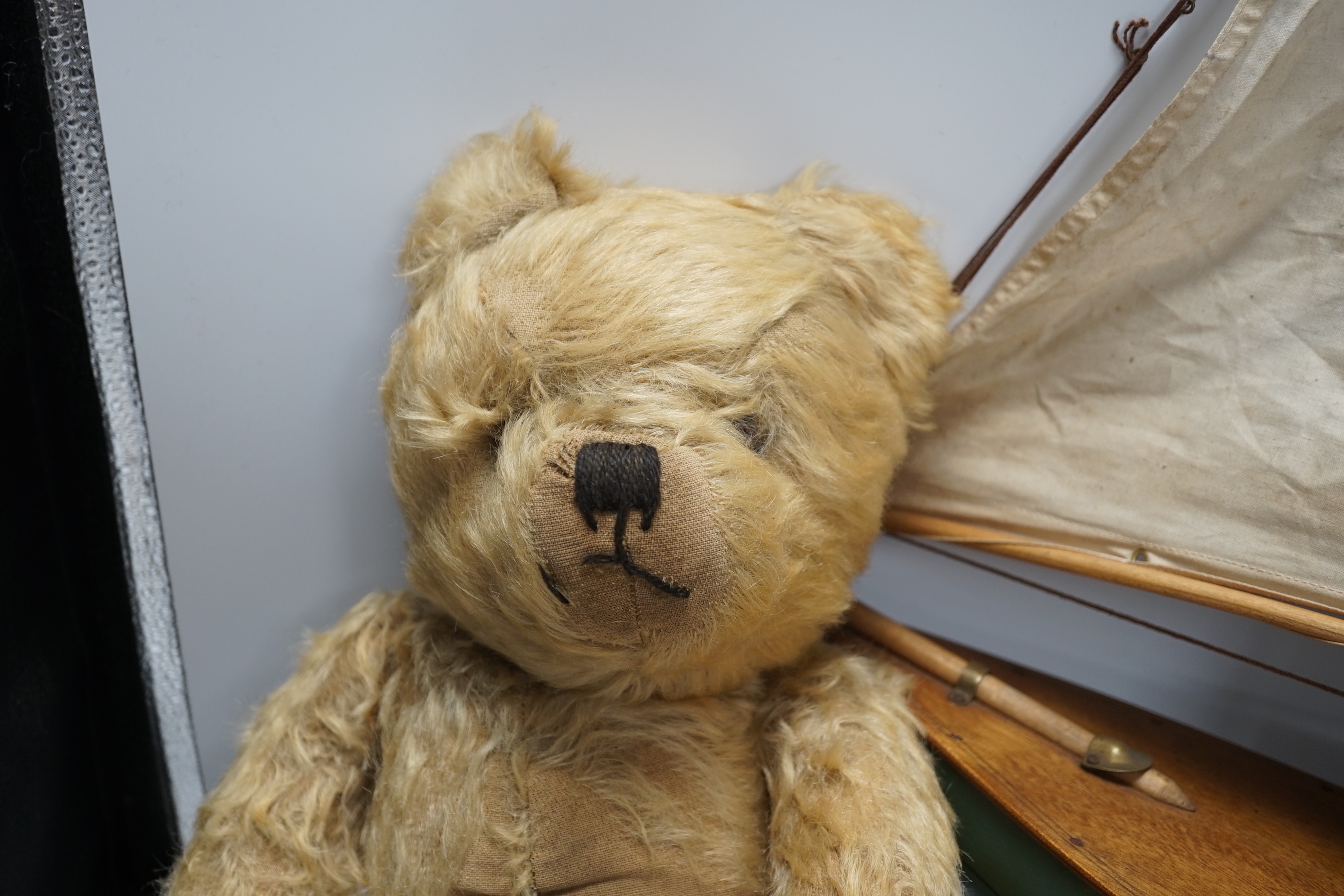 A pond yacht, an English mohair teddy bear and monkey, pond yacht 65cm wide